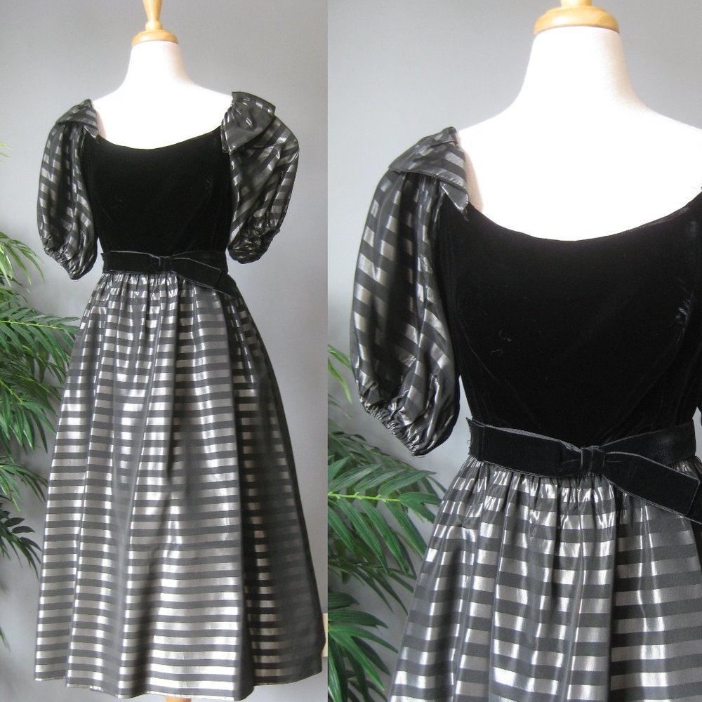 Vintage 1980s Poufy Vevlet and Satin party dress black striped off shoulder